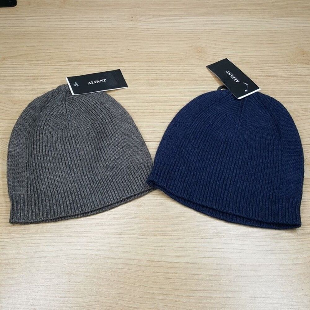 ALFANI 2-Pack Mens Beanie Hat Grey Blue Ribbed Stretch Knit